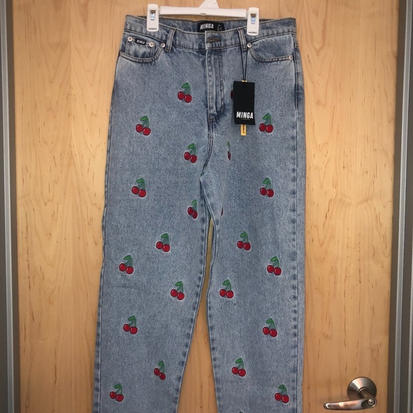Minga London Denim - Mom Jeans with Cherry Design | High Rise Mom Jeans